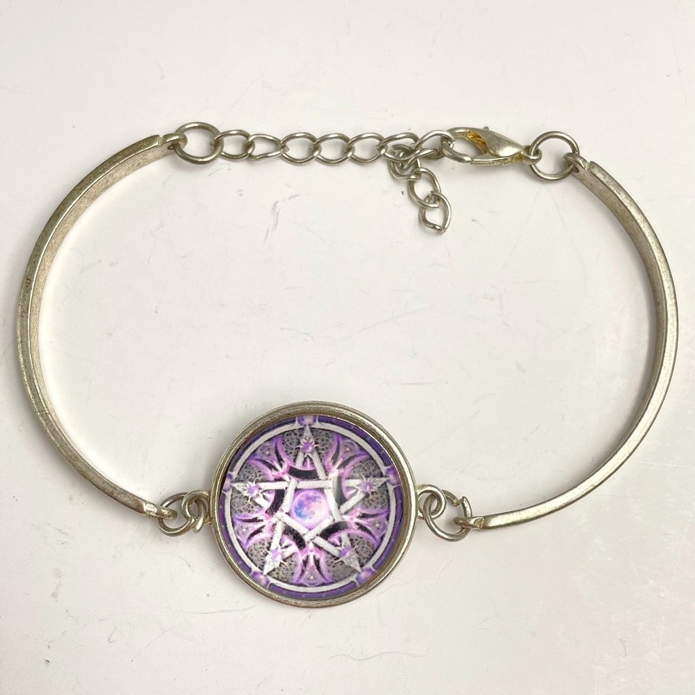 Vintage 90s Pentagram Star Bracelet Purple Glass Silver Tone Bangle Mystical Y2K